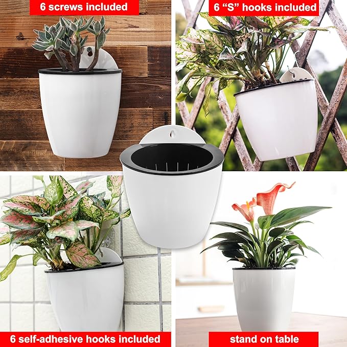 4 Inch Self Watering Hanging Planters, Wall Mounted Plant Pots with Complete Accessories, Automatic Watering Flower Pots for Indoor Outdoor Garden, Succulents, Herbs, Home Décor, Set of 6