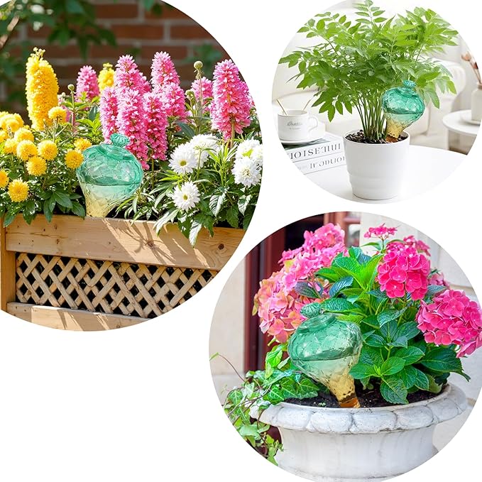12 oz Plant Watering Globes, Green Glass Self Watering Bulbs Top Fill with Terracotta Spikes Stake, Self Watering Planter Insert Vacation Automatic Plant Waterer Device for Indoor & Outdoor