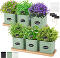 LemonRoad 6 Pcs Indoor Herb Planter Window Herb Pots for Kitchen with Drainage Hole and Bamboo Tray Farmhouse Metal Garden Planter Pot with DIY Label Mom Plant Gift(Sage Green,Square)