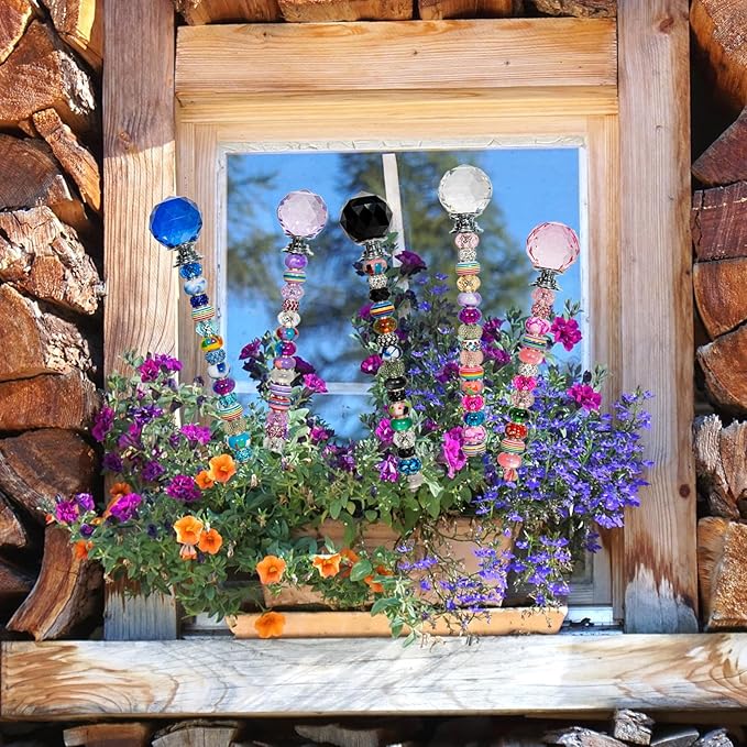 230 Pcs Beaded Garden Stakes Kit DIY Fairy Wands for Garden with 10 Colorful Crystal Stopper Top 200 Assortment Round Large Hole Bead for Outdoor Decor (10, Colorful Spherical)