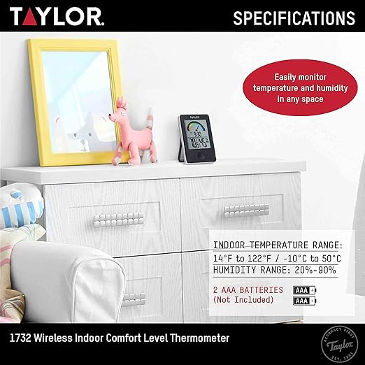 Taylor Digital Wireless Indoor Comfort Level Thermometer and Hygrometer, Easy-to-Read Display for Home, Office, Greenhouse, Nursery, and Indoor Areas, Black