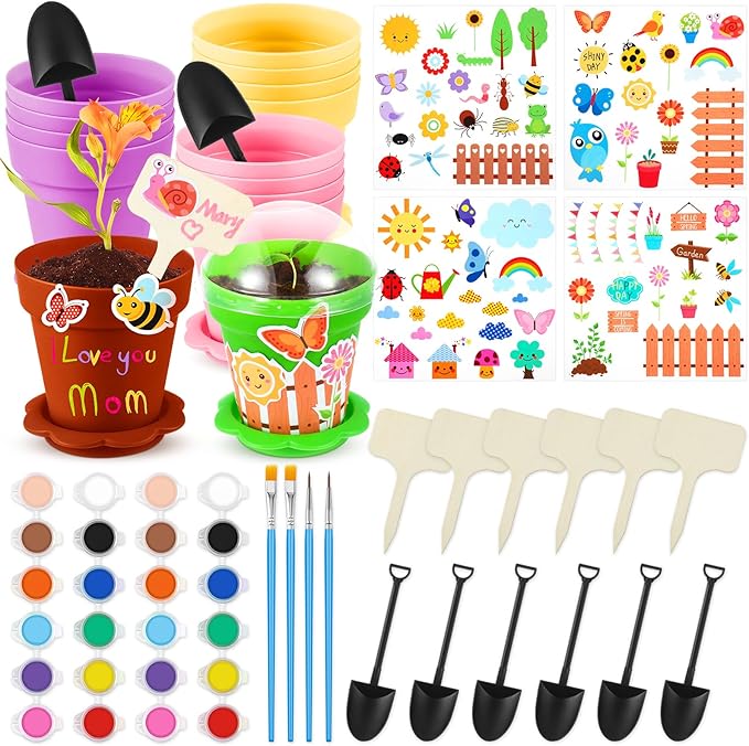 SiliFine 24 Sets Spring Kids Plant Growing Kit Flower Pots Cupcake Plant Nursery Pots Gardening Kit for Kids with Paint and Stickers Labels Name Tag for Easter Mothers Day Craft Bulk Classroom