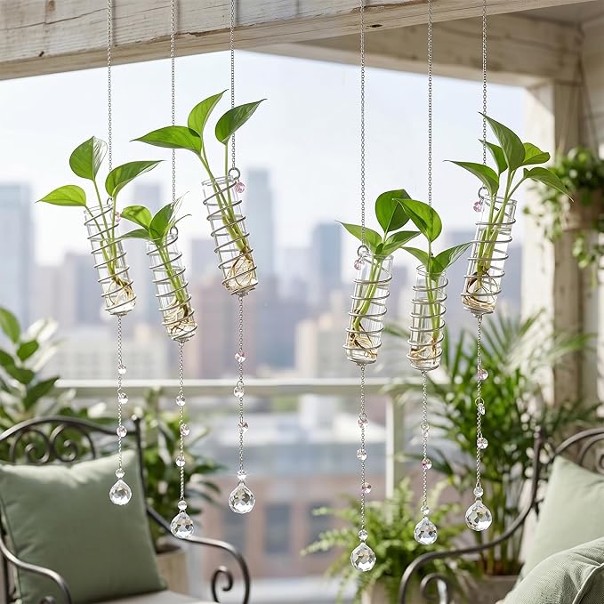 H&D HYALINE & DORA 6 Pcs Hanging Plant Propagation Station with Crystal Ball Prisms Suncatcher and Cleaning Brush, Glass Wall Planters for Indoor Plants Hydroponics Gifts for Plant Lovers(Silver)