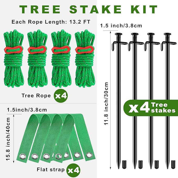 Fabulas Tree Stakes Kits, 4 Pcs 11.8 Inch Heavy Duty Steel Stakes and Supports for Leaning Young Trees Straightening with 4 Pcs Support Straps and 13.2ft Anchor Ropes, Against Strong Wind Bad Weather