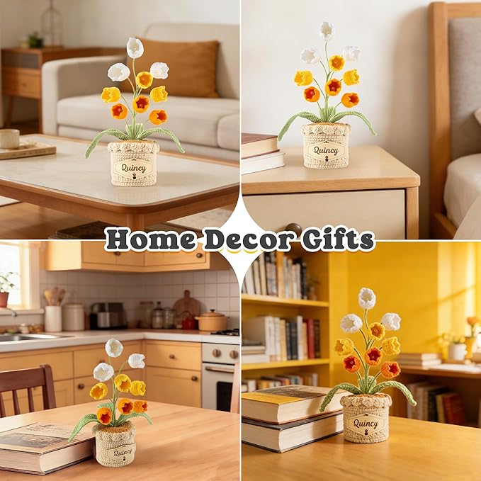 Crochet Flowers with Personalized Leather Name Tag Handmade Knitted Flowers for Home Office Desk Decor Crochet Lily of the Valley Flower Pot for Women,Teachers, Birthday Crochet Gifts(Yellow)