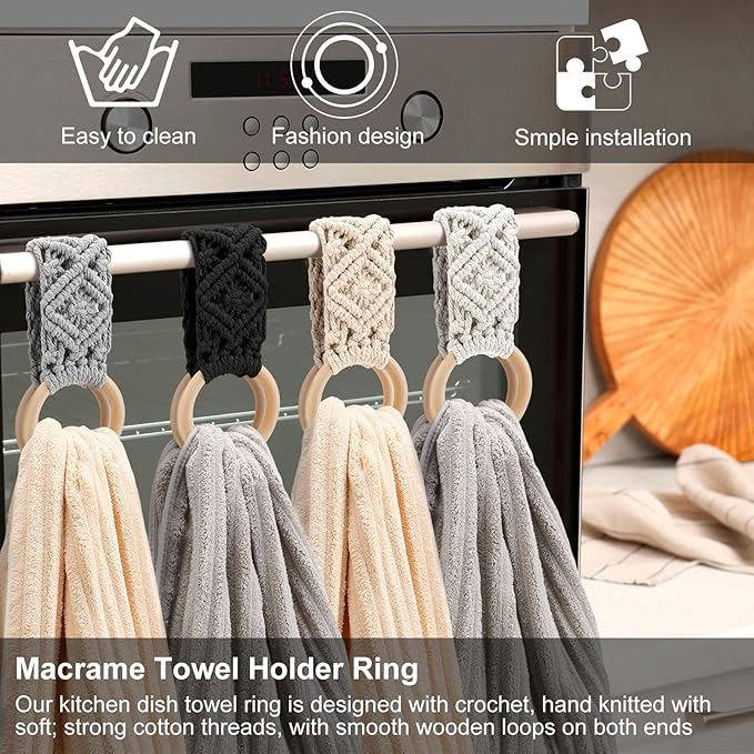 Tioncy 4 Pcs Kitchen Dish Towel Holder Mother's Day Gifts Boho Handmade Crochet Hanging Towels Loop Ring Knit Towel Hanger for Cabinet House Oven Stove Door, 4 Colors(Gray)