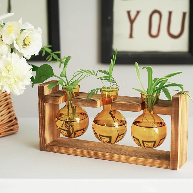 Kingbuy Glass Plant Terrarium Propagation Station - 3 Bulb Colored Vases with Retro Wood Stand Indoor Garden Planter - Wall Mount Desktop Decor for Home Kitchen Wedding, Plant Lover Gift, Amber