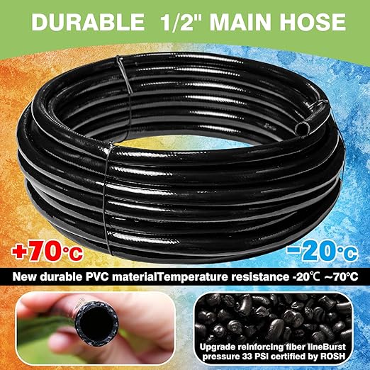 Maotong 40 FT 1/2 inch Drip Irrigation Irrigation kit Main Line Supply Hose Tube for Garden Irrigation System (Includes 1/2"" Straight Connector, 3-Way Connector, Switch Valve), Black