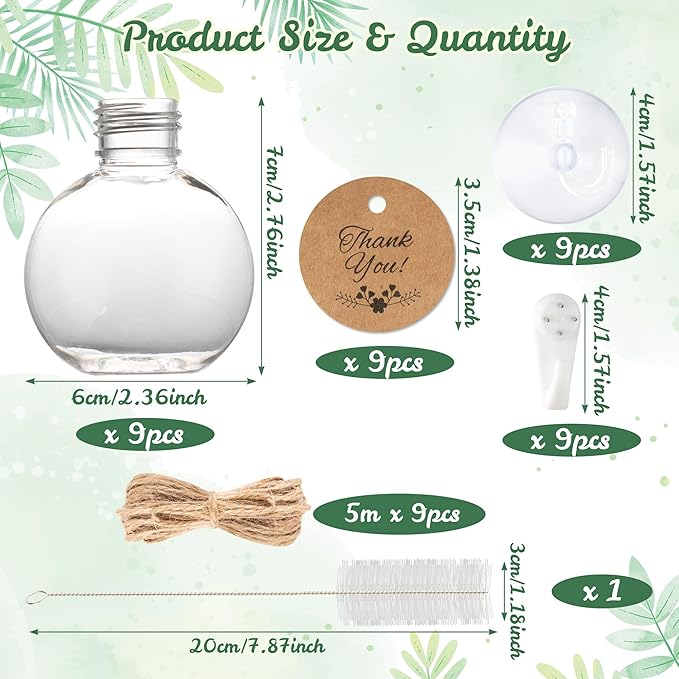 Plastic Window Propagation Stations - 9 Pack Hanging Plant Propagation Vases Clear Jars with Hook Thank You Tag Cleaning Brush for Women Plant Lover Garden Home Office Decor Housewarming Gifts