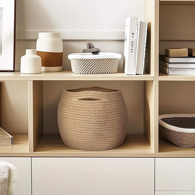 MEGASKET Decorative Wicker Storage Basket, 11" x 9" Indoor Plant Basket for Home Decor, Round Woven Dog Cat Toy Bin with Handle, Bathroom Towel Storage, Jute Planter Holder, Shelf Closet Organizer