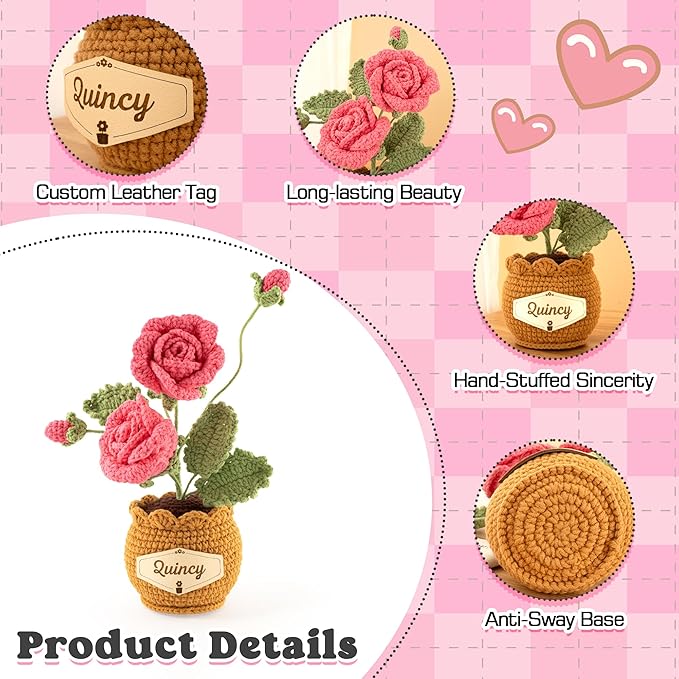 Crochet Flowers with Personalized Leather Name Tag Handmade Knitted Flowers for Home Office Desk Decor Crochet Rose Flower Potted Plant Crochet Gift for Women,Mom,Teacher, Birthday(Pink)