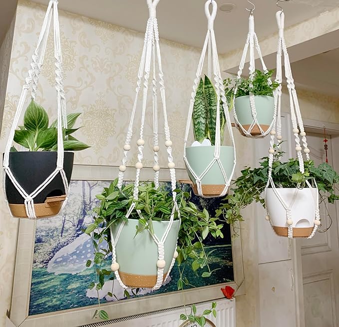 Hanging Planters with Macrame Plant Hangers for Indoor Outdoor Plants, 3 Set Hanging Baskets Flower Pots Holders 35''/27''/21'', Self-Watering Pots 7''/6''/5.5'', Boho Home Decor, Green