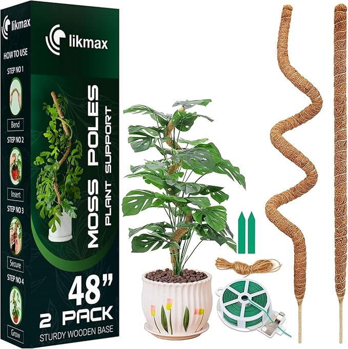 2-Pack 48'' Bendable Moss Poles for Monstera & Climbing Plants – Flexible Trellis Plant Support Stakes with Accessories – Indoor & Outdoor Use
