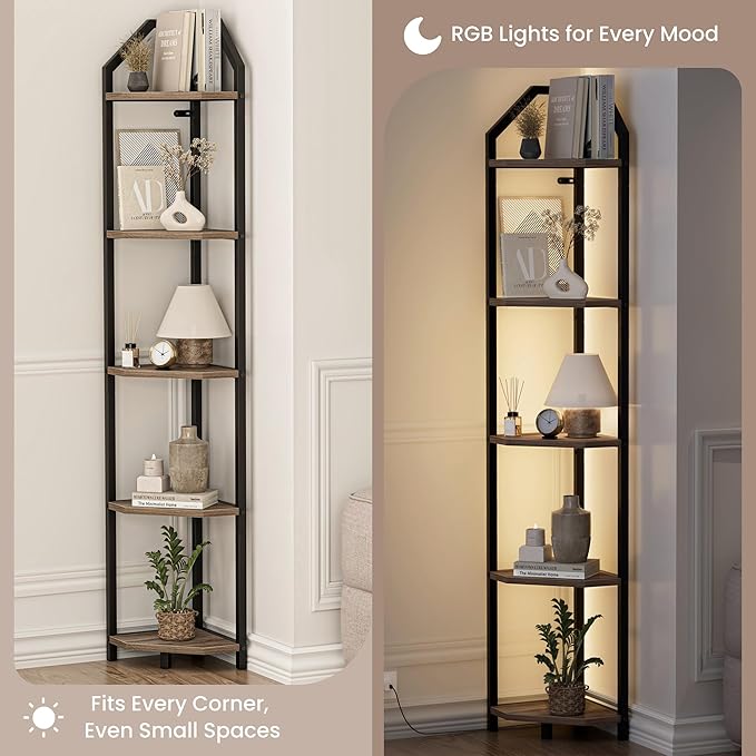 70 Inch Corner Shelf with LED Lights, 5-Tier Corner Bookshelf for Small Spaces, Wood & Metal Storage Rack for Bedroom, Living Room, Office - Modern Space Saving Design- Grey