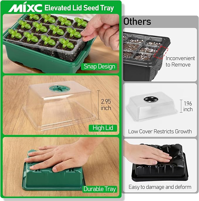 MIXC Seed Starter Tray with Elevated Lid, 120 Cells Seed Starter Kit with Adjustable Humidity Dome, Drainage Hole, Clear Heightened Lids for Indoor Outdoor Greenhouse Gardens, 10 Pack, Green