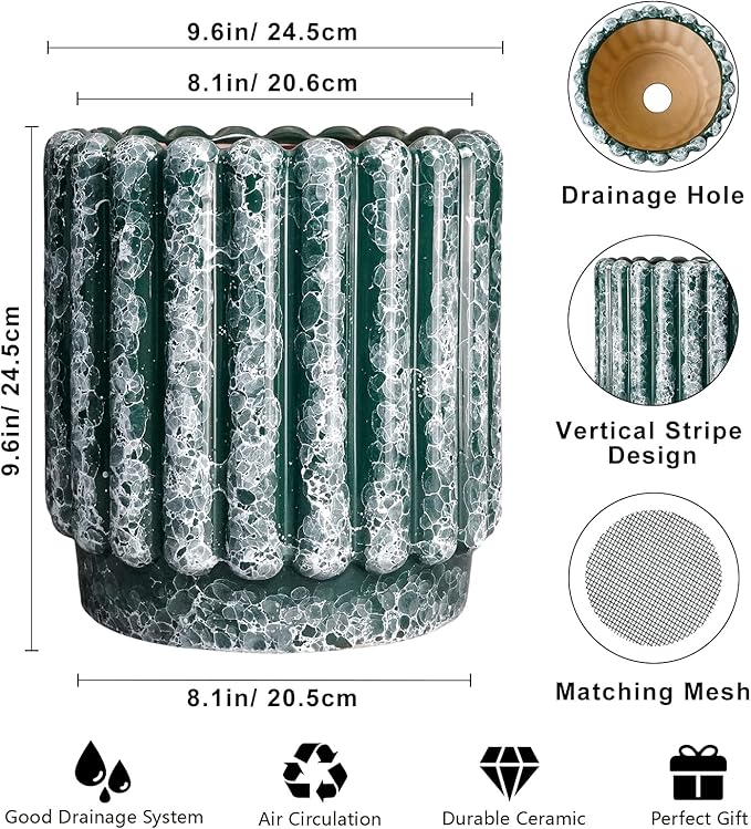 Ceramicfor Ceramic Pots for Plants - 9.6 Inch Plant Pot Indoor with Drainage Hole, Large Ceramic Planters for Outdoor, Fluted Round Flower Planter, Home Decor Living Room, Birthday Gifts, Green
