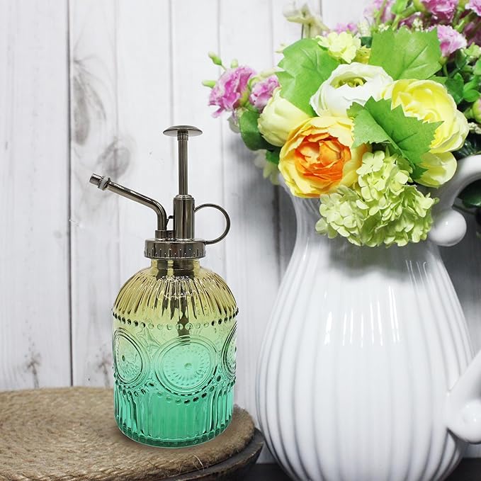 Glass Plant Mister Spray Bottle, 350ML Vintage Plant Spritzer with Top Pump Watering Can for Indoor Outdoor House Plants, Flowers (Gold-Green)