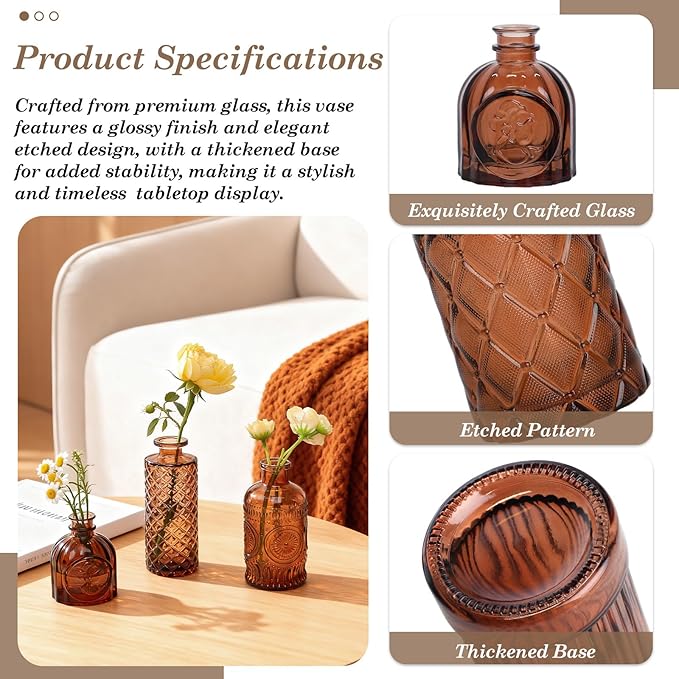 TBWIND 12-Piece Glass Bud Vase Set – Small Caramel Coffee Brown Etched Glass Vases with Unique Shapes and Weighted Base for Windowsills, Bathrooms, and Table Centerpiece Décor