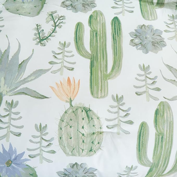 Chezmoi Collection Gregory 7-Piece Serene Lodge Bed in a Bag Queen Comforter Set - Green Blue Cactus Succulent Plant Printed Microfiber Bedding Set