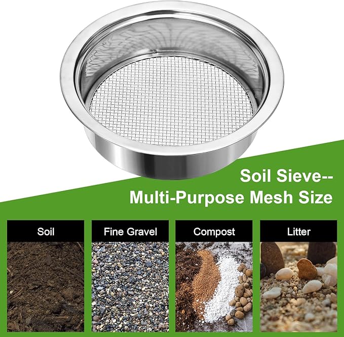 Soil Sieve Stainless Steel Riddle Sieve Set, 9.5" Diameter, Garden Sifter with 5 Filter Mesh Sizes 1,3,5,9,12mm and Bonsai Soil Scoops Gardening Tool