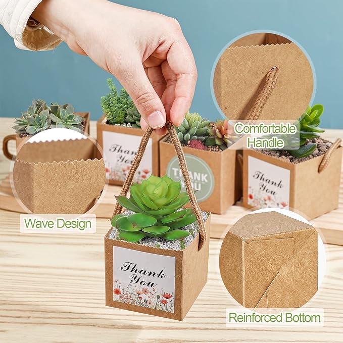 KesaPlan 50 PCS Succulent Wrap Bags with 100 PCS Thank You Stickers, Small Kraft Paper Succulent Gift Box for 2.36 Inch Pots, Wedding Party Favors for Guests Mini Succulent Pots Box for Baby Shower