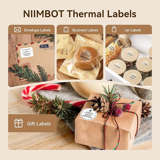 NIIMBOT Thermal Label Tape 3 Rolls, Compatible with B1 B21 B31 Label Maker | Multi-Size Pack, 50x80mm White, 50x80mm Clear, 50x50mm Round | for Address, Jar, Gift, Logo & File Organization Stickers