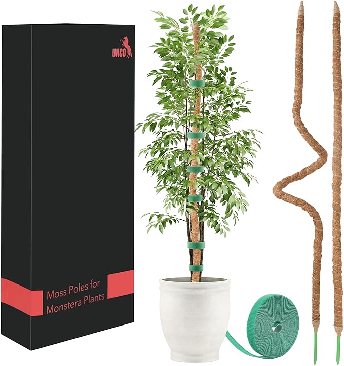 UNCO- Bendable Moss Pole Monstera Plant Support, 63 Inch, 2 Pack, 10 Feet Plant Ties, Moss Poles for Climbing Plants and Monstera Trellis