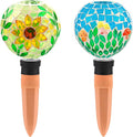 SAVENNA Mosaic Plant Watering Globes with Terracotta Spikes, 17oz Glass Self Watering Globes for Indoor & Outdoor Potted Plants, Decorative Water Drippers, Set of 2,Sunflower & Mushroom Pattern