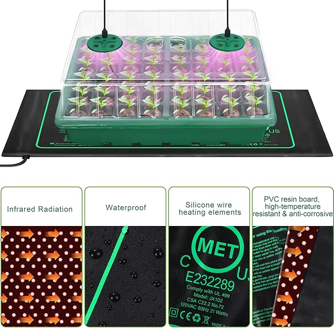 Hahood Seed Starter Kit with Grow Light Seedling Heat Mat 48 Cells Seed Starter Tray with Humidity Dome and Base Germination Trays Plastic Growing Trays Plant Propagation Kit for Seed Starting, Green