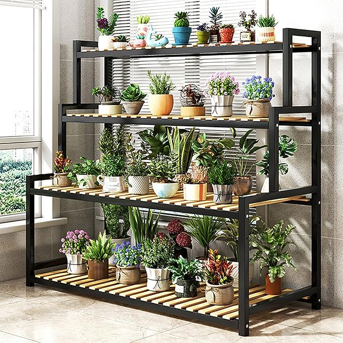 4-Tier Bamboo Plant Stand with Metal Frame - Multi-Layer Flower Display Rack for Indoor Succulents, Herbs & Home Decor - Stylish Ladder-Style Wooden Organizer