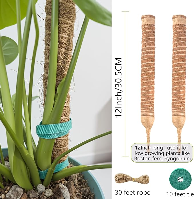 2 Pack Bendable Moss Pole 12 Inch, Monstera Plant Support Stake,Coco Coir Pole Sticks for Indoor Plants,Climbing Potted Plants，Pothos, Philodendron with Plants Ties