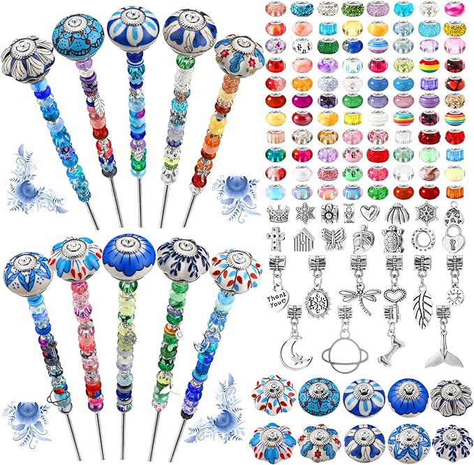 Silipull 255 Pcs 14 Inch Christmas Garden Stakes Decorative Blue and White Porcelain Ceramic Round Beaded Garden Stakes Decor Fairy Sticks for Indoor Outdoor Yard Lawn Pathway Patio Decoration