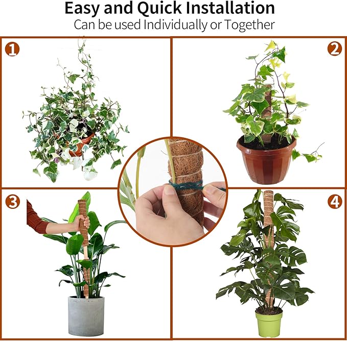 Kikhope Moss Pole Monstera Plants Support, 4 Pack 15.7 inch Coir Totem Poles, Plant Support Stakes, Plant Sticks, Coir Moss Stick for Indoor Potted Plants Train Creeper Plants Grow Upwards