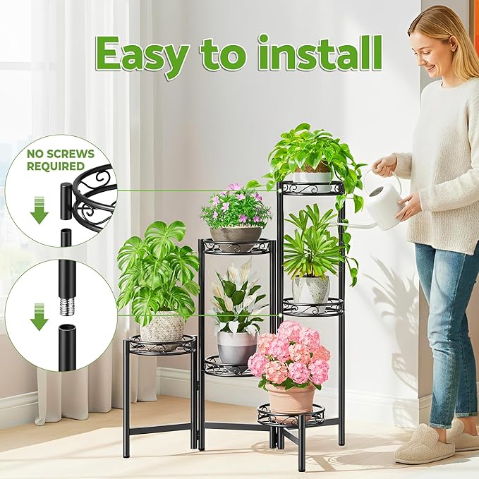 Plant Stand Outdoor Metal 6 Tier for Multiple Plants Corner Balcony Living Room Tall Indoor Plant Shelf Black Circle