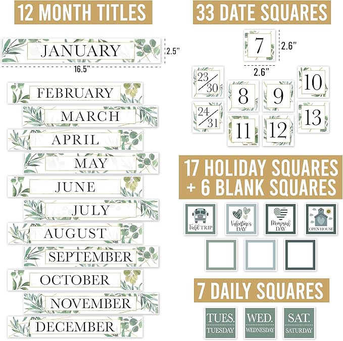 Hadley Designs Classroom Calendar Set Bulletin Board Decorations - Greenery School Calendar for Classroom Decor, Kindergarten Preschool Elementary Teacher Must Haves, Homeschool & Daycare Essentials
