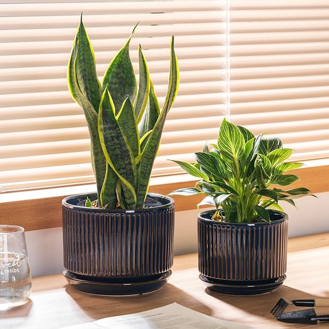 SURE YUESI Navy Blue Ceramic Plant Pots Set of 3 (4.3”+5.5”+6.7”), Indoor Striped Planters with Drainage Hole, Mesh Pads, Decorative Pots for Plants & Gardening