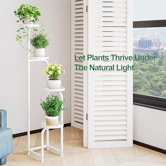 INGIORDAR Plant Stand Indoor Outdoor 4 Tier Metal Plant Shelf for Multiple Plants Corner Flower Holders for Living Room Balcony Bedroom Patio Garden, Black (White, 4-Tier)