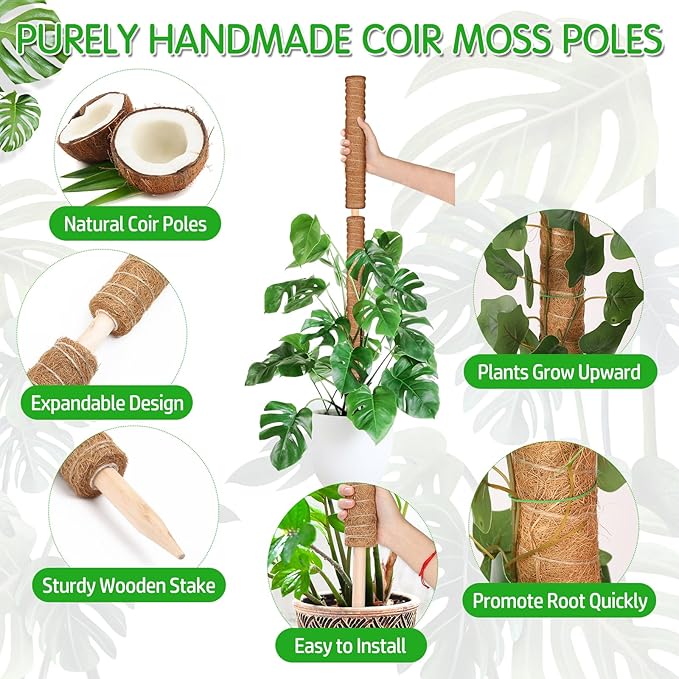 ROADPLUM 4 Pack 21.7" Coco Coir Poles, Stackable Plant Stakes Moss Pole for Plant Monstera with Twist Ties Plant Ties Labels Jute Rope, Plant Sticks Support for Climbing Plants Growth Indoor
