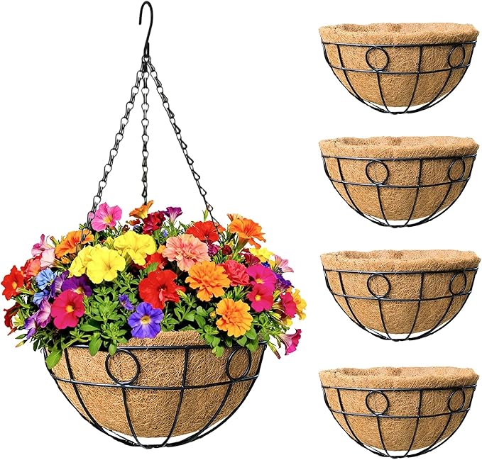 4 Pack 12 inch Black Round Metal Wire Hanging Planter Basket Outdoor Hanging Baskets Indoor with Coco Liner Pot Plant Holder for Home Garden Balcony Decor