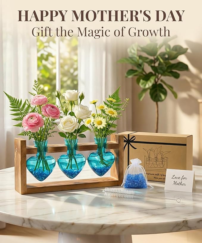 Nacome Plant Terrarium Propagation Stations: Mothers Day Gifts for Mom Plant Lovers Women Wife Daughter - 3 Bulb Glass Vases with Wooden Stand Tabletop for Hydroponics Home Garden Decor