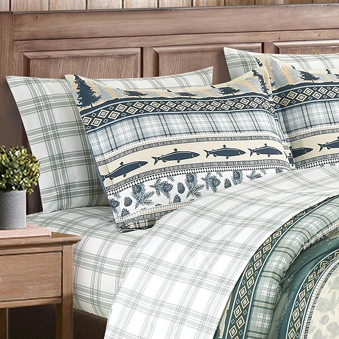 Chezmoi Collection Ridge 7-Piece Northwest Cabin Lodge Bed in a Bag California King Comforter Set - Multicolor Pine Tree Fish Deer Printed Microfiber Bedding Set