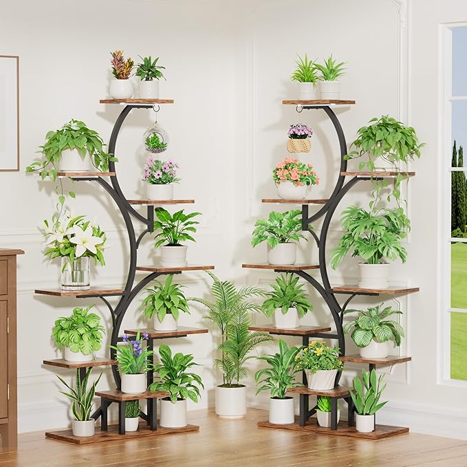 Plant Stand Indoor with Grow Light: Lighted Plant Stands 54.6" Tall, 9 Tiered Large Plant Shelf for Indoor Growing, S-Shaped Flower Holder Display for Multiple Plants, Living Room, Patio (Black)