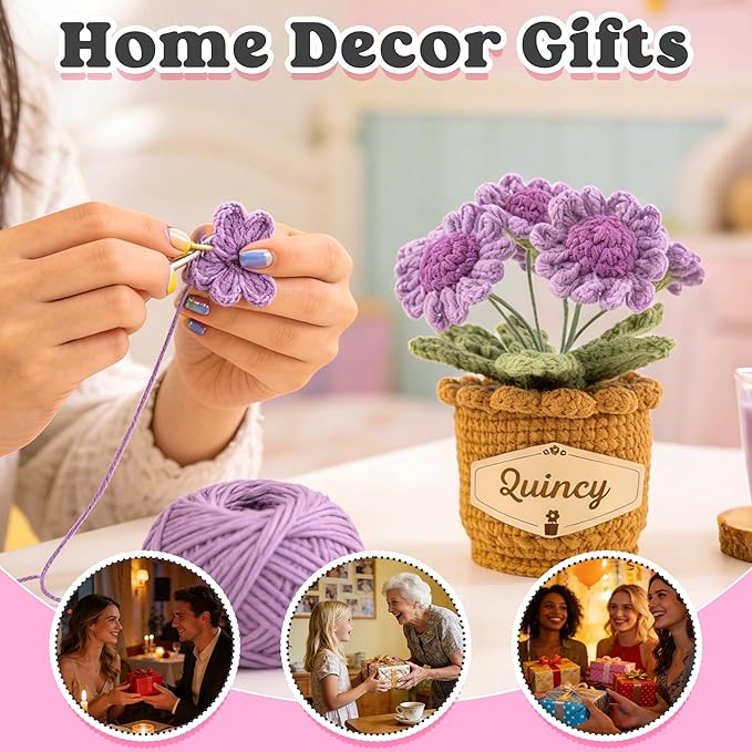 Crochet Flowers with Personalized Leather Name Tag Handmade Knitted Flowers for Home Office Desk Decor Crochet Daisy Potted Plant Crochet Gift for Women,Mom,Teacher, Friend, Birthday(Purple)