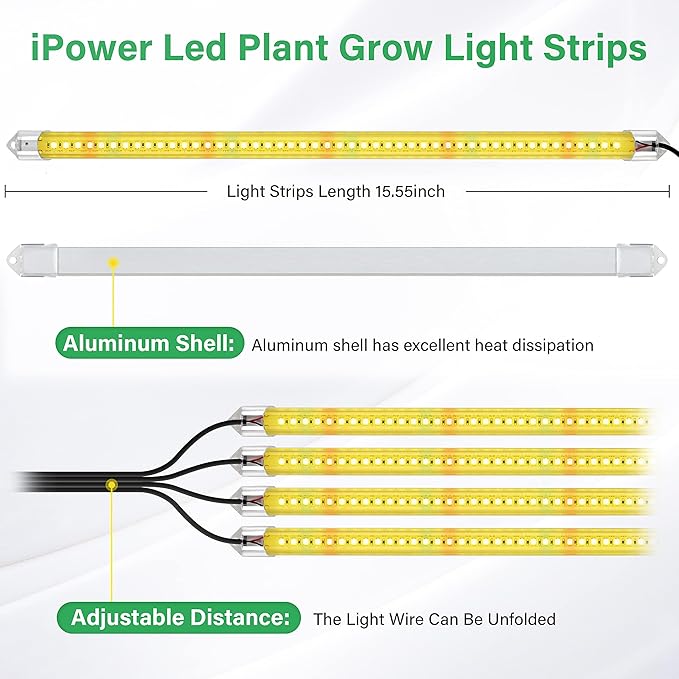 iPower 60W Full Spectrum LED Plant Grow Light Strips for Indoor Plants with Auto ON/Off 3/9/12H Timer, 10 Dimmable Levels 48 LEDs Per Tude, for Hydroponics Succulent, 4 Tubes, Yellow