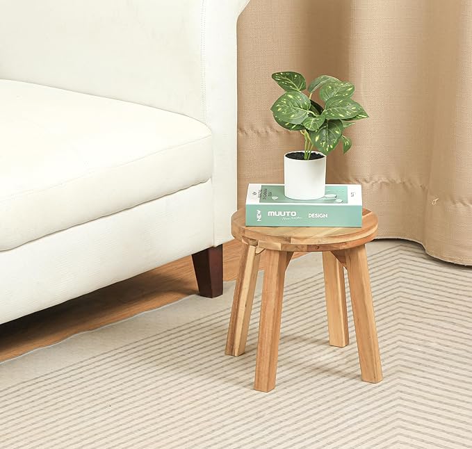 ARROWSTONE Round Stool Acacia Wood, 12" Height, 11" Round Top, Backless, Easy Assembly, Natural Wax Finish, Wooden Stool for Plant, Dining Room, Living Room, Garden, Makeup