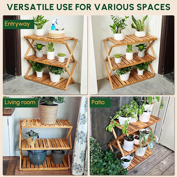 BEEFURNI Acacia Plant Stand Indoor, Wooden Outdoor Plant Stand, Foldable Plant Stand, 3 Tier Conner Space Flower Stand, Plant Ladder Stand (Natural)