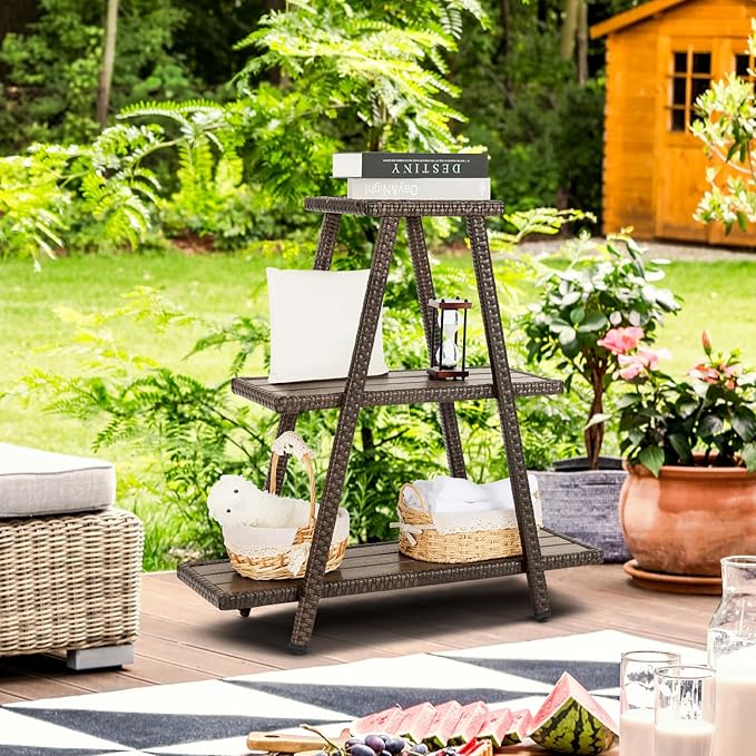 Outdoor Plant Stand for Patio 3 Tier Plant Stand Shelf with Wicker Poly Lumber Flower Stand Holder Tiered Multi Ladders Plant Holder Display Rack with Adjustable Feet for Outside Balcony Porch Brown
