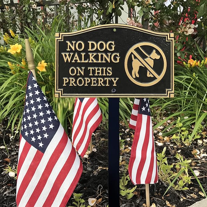 SmartSign “No Dog Walking On This Property” GardenBoss Statement Plaque | 5.75" x 9.5" Aluminum Plaque with 18" Black Lawn Stake, Made in USA