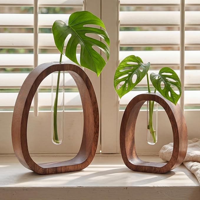 Houmury Walnut Wood Propagation Station Set of 2 Hydroponic Glass Test Tube Vases 7.5” & 5.8” for Plants Cuttings Modern Farmhouse Table Centerpieces for Home Office Desk Decor
