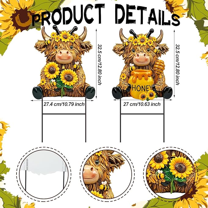 Amyhill 2 Pcs Highland Cow Outdoor Decor, Sunflower Bee Metal Garden Stakes, Honey Themed Yard Signs for Spring Summer, Patio Lawn Walkway Decorations, Cute Cow Gifts for Garden Lovers